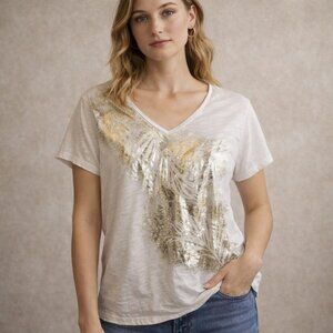 Chico's Blouse Women's Size Large Zenergy Metallic‎ Feather Tshirt Chicos 2